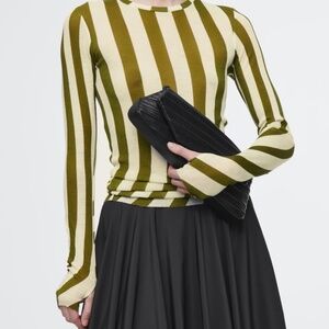 COS Wool Long Sleeve T-shirt, size XS, green and cream stripe
